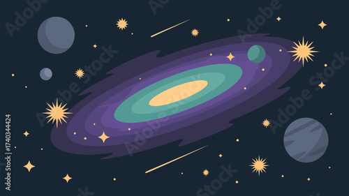 Stylized Spiral Galaxy with Planets and Stars in Deep Space cosmos universe