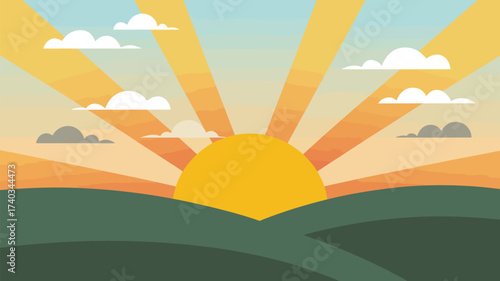 Stylized Sunrise Over Rolling Hills with Clouds and Sun Rays vector illustration