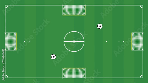 Top-down view of a soccer field with goals and two soccer balls football sport
