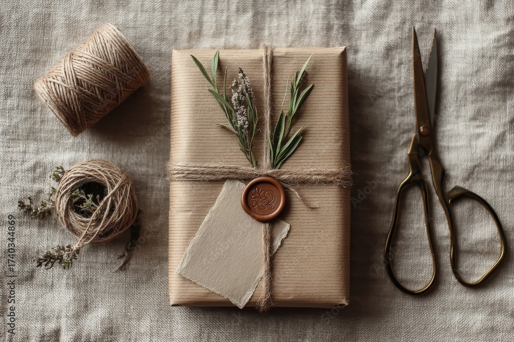 Fototapeta premium Kraft gift-wrapping artisan flat lay: wax seals, twine, sprigs, metal scissors, linen backdrop, top-down softbox lighting, high detail, negative space for ad copy, brand-safe neutral props 