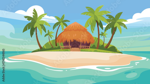Tropical island with thatched hut, palm trees, and blue sky with clouds thatched roof bungalow