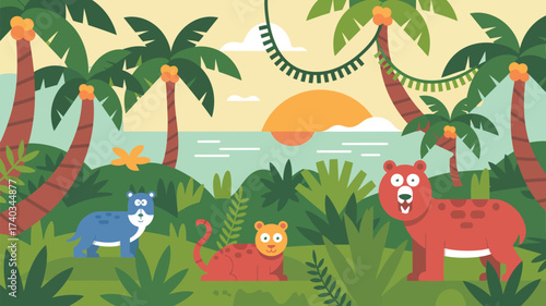 Tropical jungle scene with cartoon animals and ocean sunset cute
