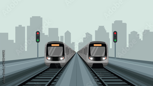 Two Modern Metro Trains Approaching on Parallel Tracks with City Skyline and Traffic Signals subway transportation