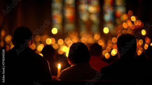 Midnight mass candle silhouettes, stained glass bokeh abstract, reverent framing, no identifiable people 