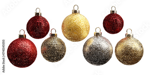 Shiny Christmas balls in red, gold, and silver. Several New Year's decorations on a transparent background. Design element. New Year.