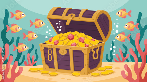 Underwater Treasure Chest Overflowing with Gold Coins and Jewels Surrounded by Fish and Coral open