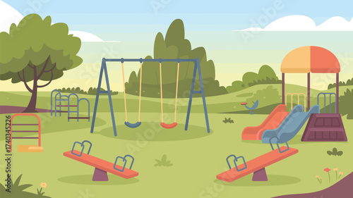 Vibrant cartoon playground with swings slides and seesaws on a sunny day park recreation