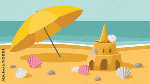 Yellow beach umbrella and sandcastle with seashells and pebbles on a sandy shore vector illustration