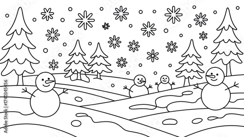 Winter Scene Coloring Page with Snowmen and Christmas Trees vector illustration