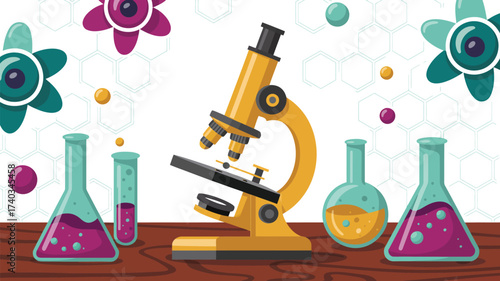 Yellow Microscope and Colorful Laboratory Glassware on Wooden Surface with Hexagonal Pattern Background Keywords: microscope, laboratory, glassware, beaker, flask, test tube, science, chemistry