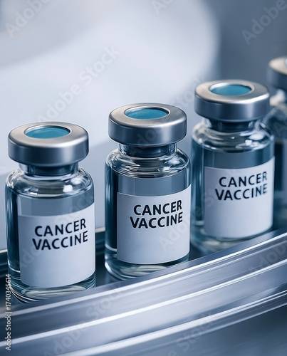 Cancer vaccine in a medical vials production on a blurred cold refrigerated storage background. Representing healthcare research progress concept.