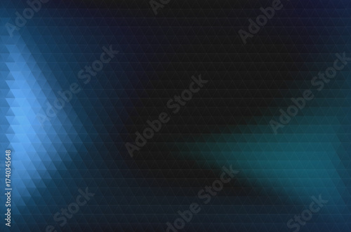 Abstract dark blue and black geometric background with triangular pixel pattern and gradient light effect, suitable for modern digital designs and technology themes.