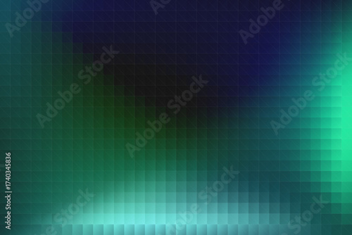 Dynamic abstract digital background with a vibrant gradient of deep blue, emerald green, and bright teal colors, featuring a modern pixel mosaic pattern for technology and design.