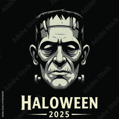Frankensteins monster head illustration with text HALOWEEN 2025