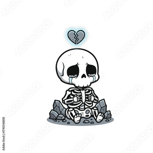 Sad cartoon skeleton sitting on rocks with tears and a broken heart above its head, emotional gothic artwork with a cute yet melancholic style.