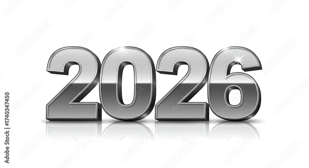 Shiny metallic chrome typography “2026”, 3D effect with reflections, isolated vector on white background