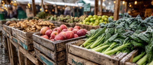 Winter farmersâ€™ market feel without signage: crates of apples and winter greens, visible breath, soft overcast daylight, brand-safe 