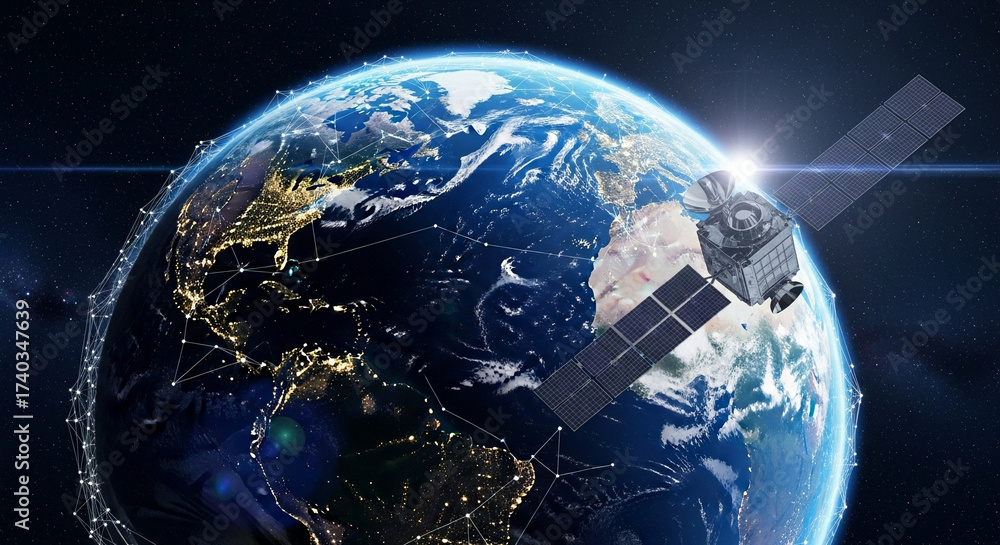 Fototapeta premium Satellite orbiting earth with interconnected network lines and sun glare in outer space view