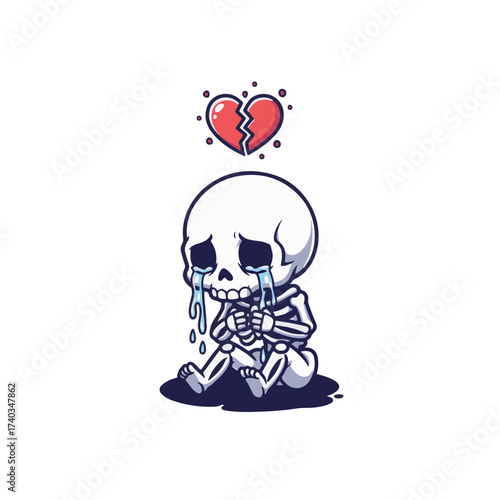 Sad cartoon skeleton sitting on rocks with tears and a broken heart above its head, emotional gothic artwork with a cute yet melancholic style.