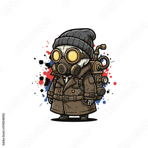 Cute post-apocalyptic chibi character in gas mask, beanie, and trench coat with backpack and glowing goggles, cartoon survival design.