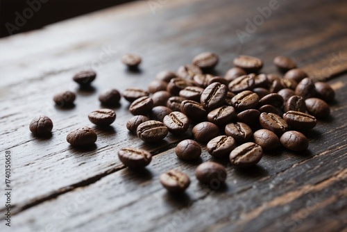 Roasted Coffee Beans Rustic Wooden Table