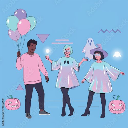 Three friends in costumes with balloons pumpkins and ghost figures