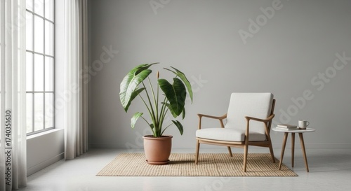 A modern interior scene showcases a minimalist design with a comfortable armchair, a potted plant featuring large green leaves, and a small side table with books and a mug.