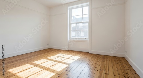 Empty, sunlit room featuring a bright window with a view of a building outside, illuminating the warm wooden flooring and crisp, white walls, casting shadows across the space, creating a welcoming...