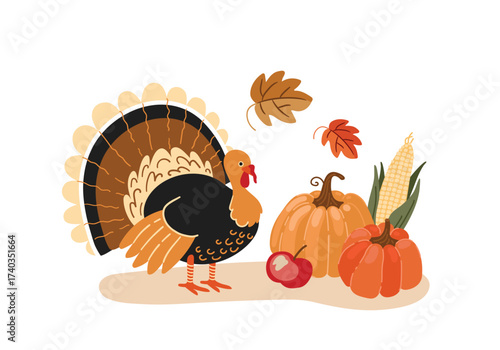 A Thanksgiving turkey illustration surrounded by pumpkins, corn, apples, and autumn leaves. Suitable for holiday cards, invitations, and decorations. Flat style vector.