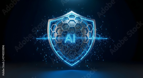 A glowing blue AI shield with circuits, symbolizing advanced digital security and protection against cyber threats.