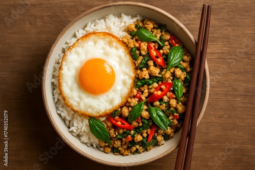 Bright overhead shot of Pad Kra Pao, a Thai basil chicken stir-fry with chili, served with jasmine rice and a fried egg in a rustic bowl. Perfect for food blogs, recipe websites, restaurant menus