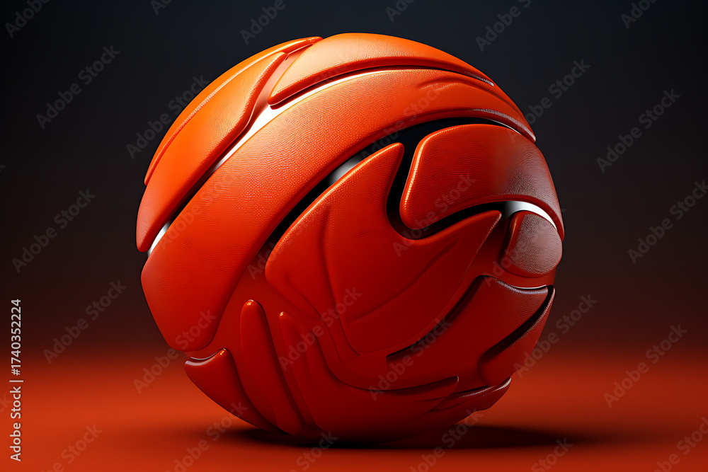 Fototapeta premium Abstract red spherical sculpture with intricate designs, set against a dark gradient background