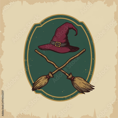 Witchs hat and brooms on a crest