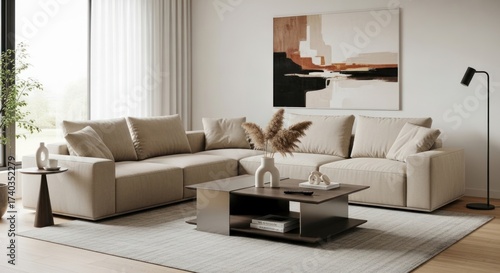 Comfortable living room interior featuring a neutral-toned sectional sofa with plush cushions, a modern coffee table, and a decorative abstract painting on the wall, creating a cozy and stylish...