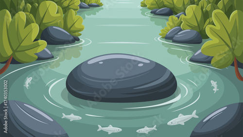 Close-up of a Large Rock in a Pixelated River with Fish and Greenery boulder