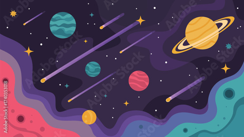 Colorful Cosmic Landscape with Planets and Shooting Stars space galaxy