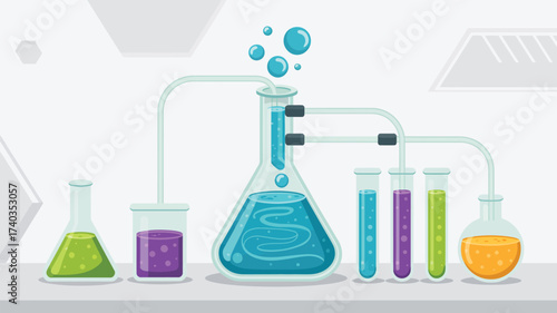 Colorful science experiment with bubbling liquids in flasks and test tubes laboratory chemistry