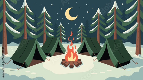 Cozy Winter Camping Scene With Multiple Tents And A Campfire Under A Crescent Moon night forest