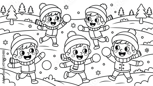 Five happy cartoon children playing in the snow throwing snowballs kids winter