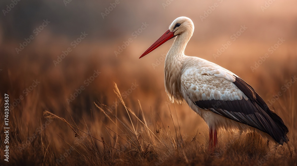 Fototapeta premium Stork stands in grassy field with a blurred, warm, sunrise background