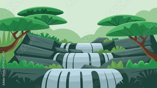 Gentle cascading waterfalls between rocky outcrops surrounded by stylized green trees and foliage Keywords: waterfall, nature, cascade, water, stream, river, rocks, stones, foliage, leaves, trees