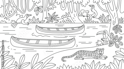 Jungle River with Canoes Toucan Leopard and Birds Coloring Page Keywords: jungle, river, scene, canoes, toucan, leopard, birds, wildlife, nature, trees, vines, plants, water, outline, drawing