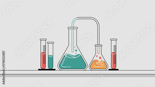 Laboratory experiment with beakers flasks and test tubes containing colored liquids Keywords: laboratory, experiment, science, chemistry, beaker, flask, test tube, liquid, fluid, reaction