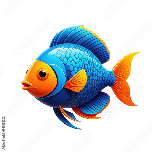 Cartoon fish with blue body, orange head/fins, on black background