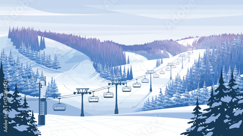 Panoramic view of a snowy mountain ski resort with multiple chairlifts and pine forests winter mountains