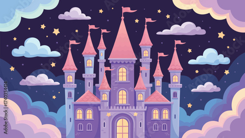 Pixel Art Purple Castle with Pink Towers Under a Starry Night Sky and Colorful Clouds fantasy fairytale