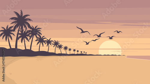 Pixel Art Tropical Beach Scene with Palm Trees, Flying Birds, and a Setting Sun sunset sunrise