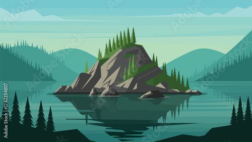Rocky Island Covered in Pine Trees in the Middle of a Calm Lake with Mountainous Background nature landscape