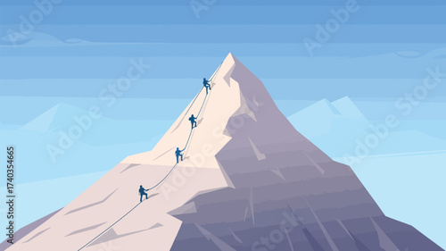 Silhouette Climbers Ascend a Majestic Mountain Under a Clear Blue Sky climbing ascent