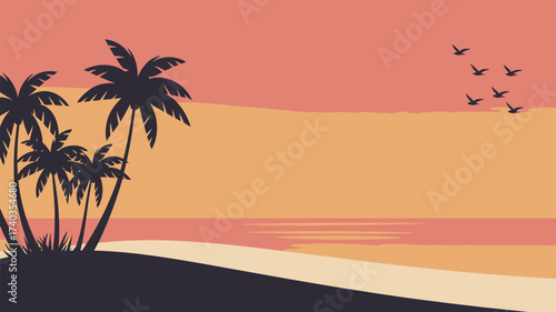 Silhouette of Palm Trees on a Beach at Sunset with Flying Birds and Calm Ocean vector illustration